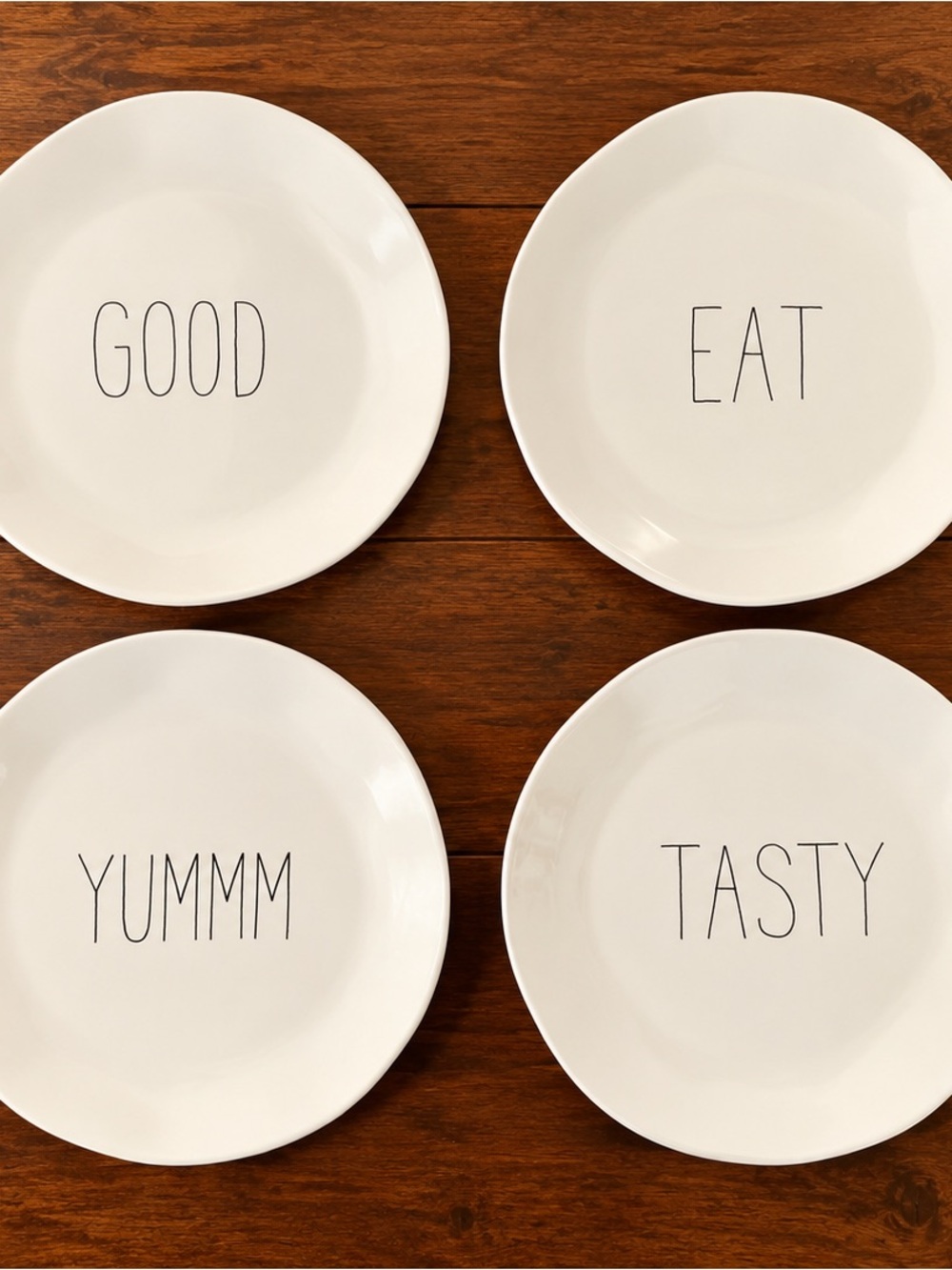 White Ceramic Word Accent Plate Set - Good, Eat, Yummm, Tasty